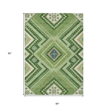 5' X 8' Green Ivory And Beige Tribal Washable Indoor Outdoor Area Rug