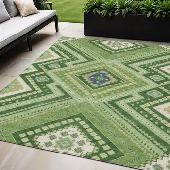 5' X 8' Green Ivory And Beige Tribal Washable Indoor Outdoor Area Rug