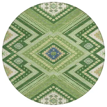 8' Green Ivory And Beige Round Tribal Washable Indoor Outdoor Area Rug