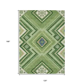 10' X 14' Green Ivory And Beige Tribal Washable Indoor Outdoor Area Rug