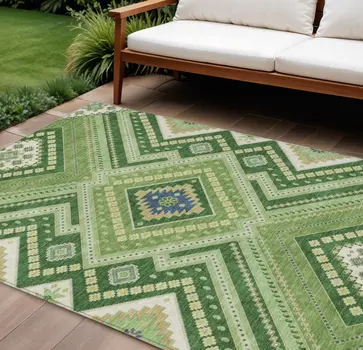 10' X 14' Green Ivory And Beige Tribal Washable Indoor Outdoor Area Rug