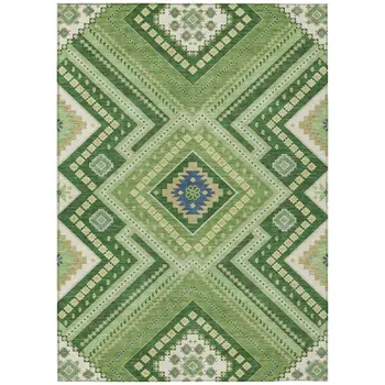 10' X 14' Green Ivory And Beige Tribal Washable Indoor Outdoor Area Rug