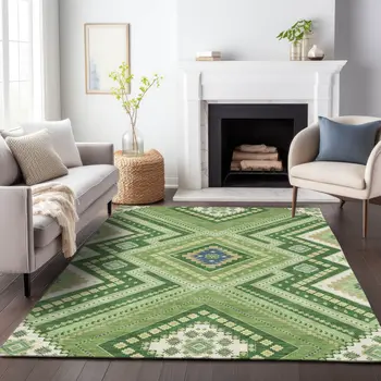 10' X 14' Green Ivory And Beige Tribal Washable Indoor Outdoor Area Rug