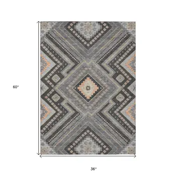 3' X 5' Gray Charcoal And Pink Tribal Washable Indoor Outdoor Area Rug