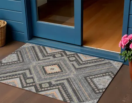 3' X 5' Gray Charcoal And Pink Tribal Washable Indoor Outdoor Area Rug