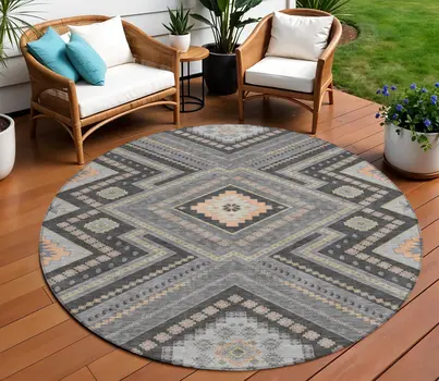 8' Gray Charcoal And Pink Round Tribal Washable Indoor Outdoor Area Rug