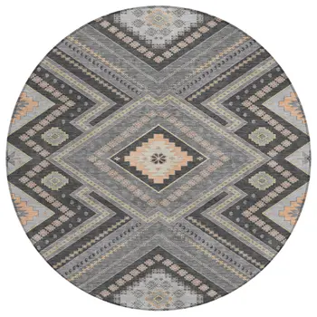 8' Gray Charcoal And Pink Round Tribal Washable Indoor Outdoor Area Rug