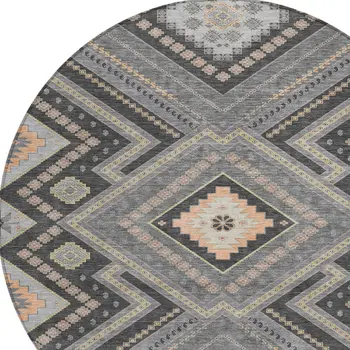 8' Gray Charcoal And Pink Round Tribal Washable Indoor Outdoor Area Rug