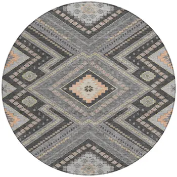 8' Gray Charcoal And Pink Round Tribal Washable Indoor Outdoor Area Rug