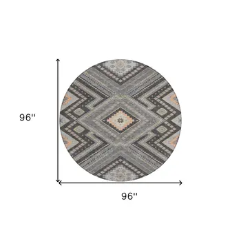 8' Gray Charcoal And Pink Round Tribal Washable Indoor Outdoor Area Rug