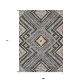 8' X 10' Gray Charcoal And Pink Tribal Washable Indoor Outdoor Area Rug