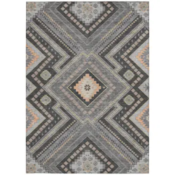 9' X 12' Gray Charcoal And Pink Tribal Washable Indoor Outdoor Area Rug