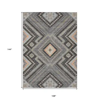 9' X 12' Gray Charcoal And Pink Tribal Washable Indoor Outdoor Area Rug