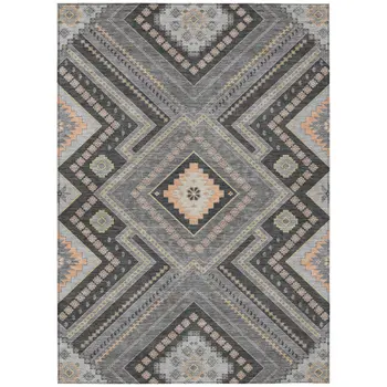 9' X 12' Gray Charcoal And Pink Tribal Washable Indoor Outdoor Area Rug