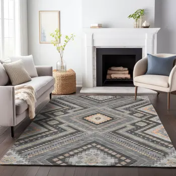 9' X 12' Gray Charcoal And Pink Tribal Washable Indoor Outdoor Area Rug