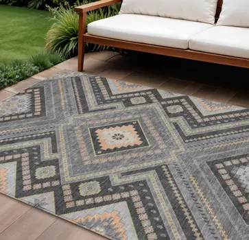 10' X 14' Gray Charcoal And Pink Tribal Washable Indoor Outdoor Area Rug