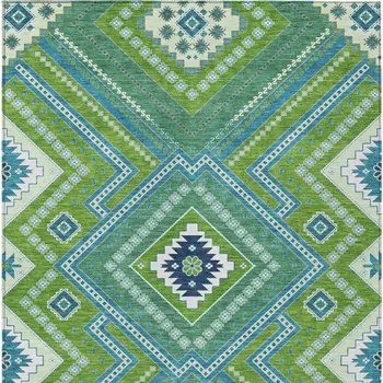 3' X 5' Lime Green Aqua And Ivory Tribal Washable Indoor Outdoor Area Rug