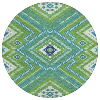 8' Lime Green Aqua And Ivory Round Tribal Washable Indoor Outdoor Area Rug
