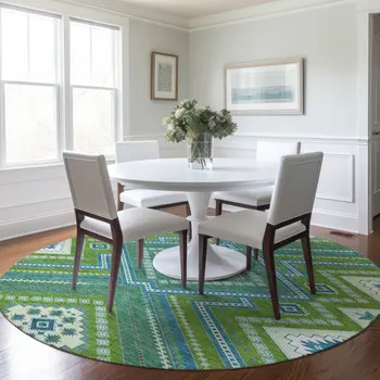 8' Lime Green Aqua And Ivory Round Tribal Washable Indoor Outdoor Area Rug