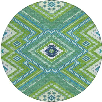 8' Lime Green Aqua And Ivory Round Tribal Washable Indoor Outdoor Area Rug