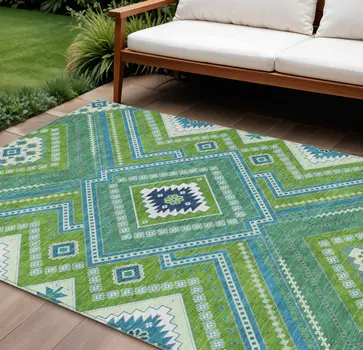 8' X 10' Lime Green Aqua And Ivory Tribal Washable Indoor Outdoor Area Rug