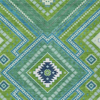 8' X 10' Lime Green Aqua And Ivory Tribal Washable Indoor Outdoor Area Rug