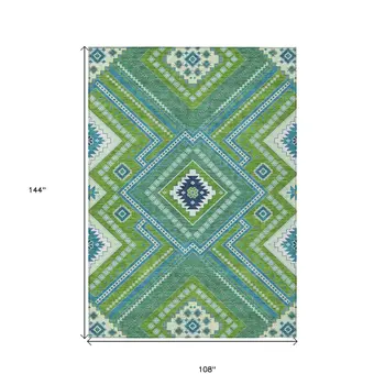 9' X 12' Lime Green Aqua And Ivory Tribal Washable Indoor Outdoor Area Rug