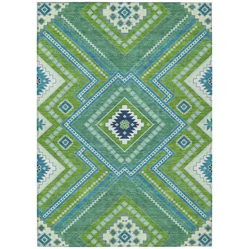 9' X 12' Lime Green Aqua And Ivory Tribal Washable Indoor Outdoor Area Rug