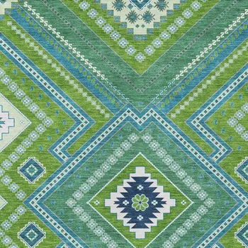 9' X 12' Lime Green Aqua And Ivory Tribal Washable Indoor Outdoor Area Rug