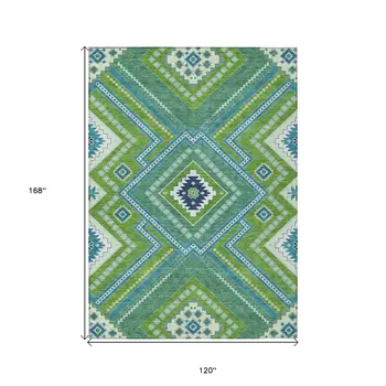 10' X 14' Lime Green Aqua And Ivory Tribal Washable Indoor Outdoor Area Rug