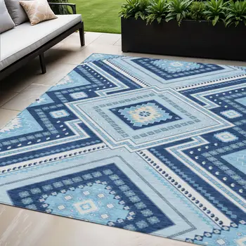 5' X 8' Navy Blue Aqua And Ivory Tribal Washable Indoor Outdoor Area Rug
