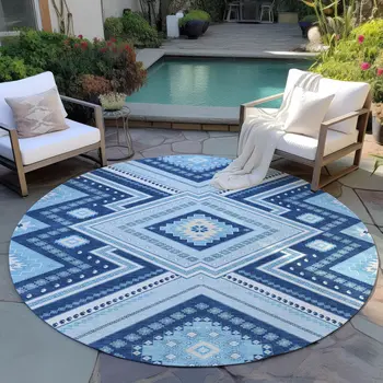 8' Navy Blue Round Tribal Washable Indoor Outdoor Area Rug