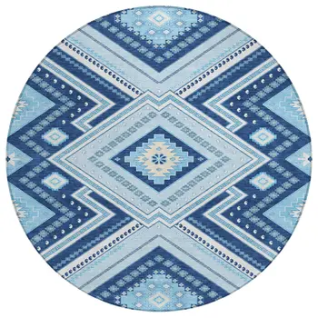 8' Navy Blue Round Tribal Washable Indoor Outdoor Area Rug