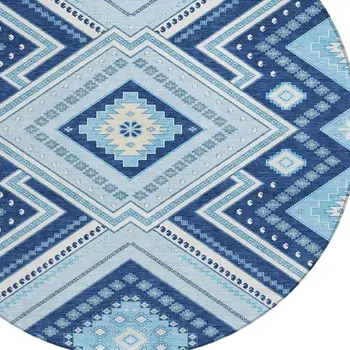 8' Navy Blue Round Tribal Washable Indoor Outdoor Area Rug