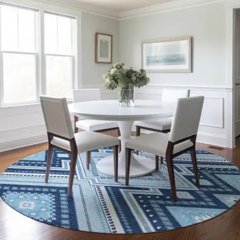 8' Navy Blue Round Tribal Washable Indoor Outdoor Area Rug