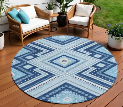 8' Navy Blue Round Tribal Washable Indoor Outdoor Area Rug