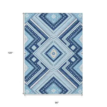 8' X 10' Navy Blue Aqua And Ivory Tribal Washable Indoor Outdoor Area Rug