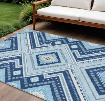 8' X 10' Navy Blue Aqua And Ivory Tribal Washable Indoor Outdoor Area Rug