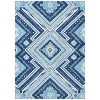 8' X 10' Navy Blue Aqua And Ivory Tribal Washable Indoor Outdoor Area Rug