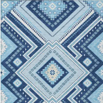8' X 10' Navy Blue Aqua And Ivory Tribal Washable Indoor Outdoor Area Rug