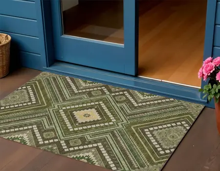 3' X 5' Olive Green Gray And Ivory Tribal Washable Indoor Outdoor Area Rug