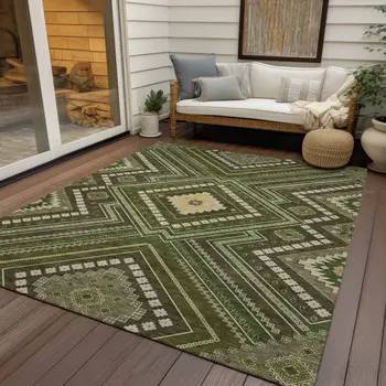 3' X 5' Olive Green Gray And Ivory Tribal Washable Indoor Outdoor Area Rug