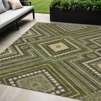 5' X 8' Olive Green Gray And Ivory Tribal Washable Indoor Outdoor Area Rug