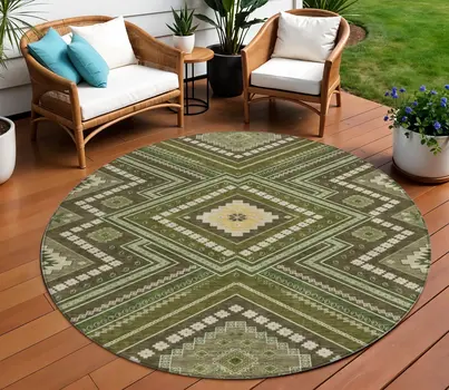 8' Olive Green Gray And Ivory Round Tribal Washable Indoor Outdoor Area Rug