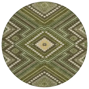 8' Olive Green Gray And Ivory Round Tribal Washable Indoor Outdoor Area Rug
