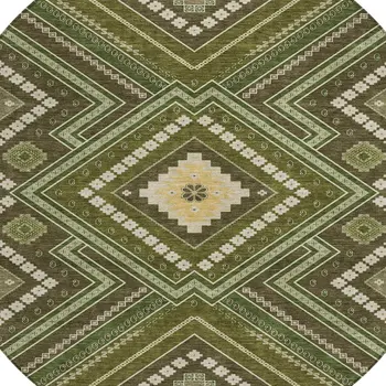 8' Olive Green Gray And Ivory Round Tribal Washable Indoor Outdoor Area Rug