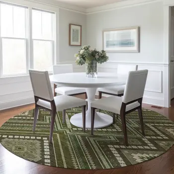 8' Olive Green Gray And Ivory Round Tribal Washable Indoor Outdoor Area Rug