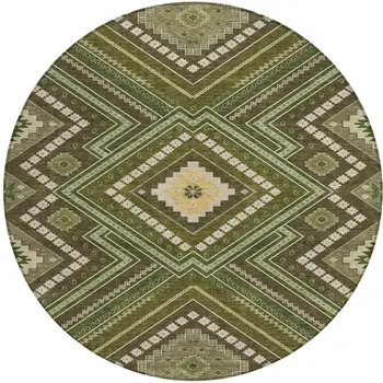 8' Olive Green Gray And Ivory Round Tribal Washable Indoor Outdoor Area Rug