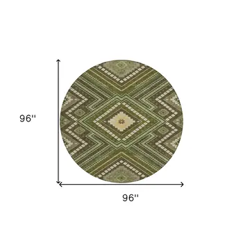 8' Olive Green Gray And Ivory Round Tribal Washable Indoor Outdoor Area Rug