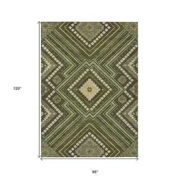 8' X 10' Olive Green Gray And Ivory Tribal Washable Indoor Outdoor Area Rug